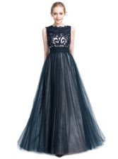 Sexy Tulle Scalloped Sleeveless Zipper Beading and Lace Prom Evening Gown in Navy Blue
