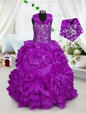 New Arrival Purple Taffeta Zipper Halter Top Sleeveless Floor Length Little Girls Pageant Dress Beading