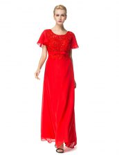  Scoop Red Backless Prom Gown Beading and Appliques Short Sleeves Floor Length