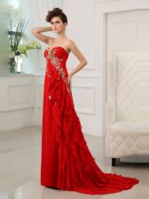  Red Column/Sheath Chiffon Sweetheart Sleeveless Beading and Appliques and Ruffled Layers With Train Zipper Dress for Prom Brush Train