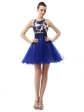  Scoop Sleeveless Organza Knee Length Clasp Handle Prom Party Dress in Royal Blue with Appliques