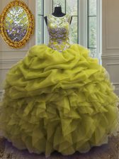  Yellow Green Ball Gowns Organza Scoop Sleeveless Beading and Ruffles and Pick Ups Floor Length Lace Up Ball Gown Prom Dress