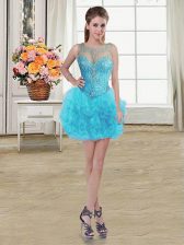 Decent Baby Blue Ball Gowns Scoop Sleeveless Tulle Mini Length Lace Up Beading and Ruffles Evening Dress