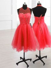  Watermelon Red Sleeveless Knee Length Sequins Lace Up Homecoming Dress