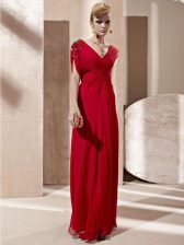  Short Sleeves Floor Length Beading and Ruching Side Zipper Homecoming Dress with Red
