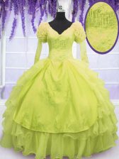  Beading and Embroidery and Ruffles 15 Quinceanera Dress Yellow Green Lace Up Sleeveless Floor Length