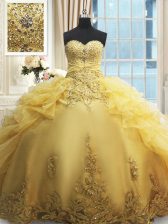  Floor Length Lace Up Quinceanera Dresses Gold for Military Ball and Sweet 16 and Quinceanera with Beading and Appliques and Ruffles