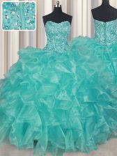  Turquoise Ball Gowns Sweetheart Sleeveless Organza Floor Length Lace Up Beading and Ruffles Sweet 16 Quinceanera Dress