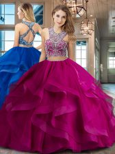Pretty Fuchsia Two Pieces Scoop Sleeveless Tulle With Brush Train Criss Cross Beading and Ruffles Ball Gown Prom Dress