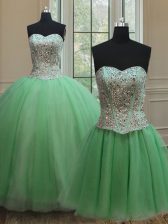 Hot Sale Three Piece Tulle Lace Up Sweetheart Sleeveless Floor Length Sweet 16 Dresses Beading