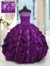  Taffeta Sleeveless Floor Length Sweet 16 Quinceanera Dress and Beading and Appliques and Embroidery and Pick Ups