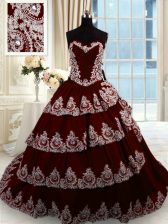 Customized Wine Red Ball Gowns Taffeta Sweetheart Sleeveless Beading and Appliques and Ruffled Layers With Train Lace Up Quinceanera Gowns Court Train