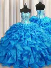  Visible Boning Sleeveless Brush Train Lace Up Beading and Ruffles Quinceanera Gowns
