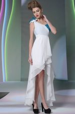  White Column/Sheath Chiffon Asymmetric Sleeveless Ruffled Layers and Sequins and Hand Made Flower High Low Side Zipper 