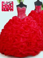 Cheap Red Organza Lace Up Sweetheart Sleeveless 15th Birthday Dress Court Train Beading and Pick Ups