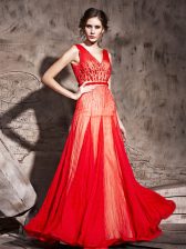 Artistic Red Column/Sheath Chiffon Straps Sleeveless Beading Floor Length Zipper Evening Dress