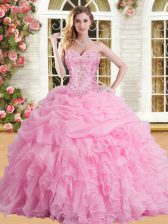 Noble Rose Pink Lace Up 15th Birthday Dress Appliques and Ruffles and Pick Ups Sleeveless Floor Length