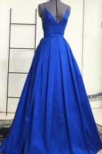 Fancy Royal Blue Satin Criss Cross Spaghetti Straps Sleeveless Prom Evening Gown Sweep Train Ruching