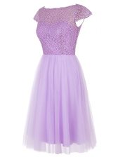Elegant Knee Length Zipper Evening Dress Lavender for Prom and Party with Beading