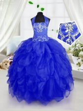  Royal Blue Organza Lace Up Halter Top Sleeveless Floor Length Custom Made Appliques and Ruffles
