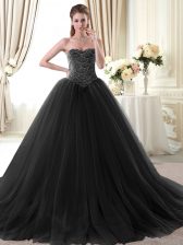  Black Tulle Lace Up Sweet 16 Dress Sleeveless Floor Length Beading
