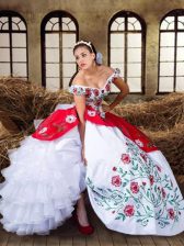  White and Red Ball Gowns Off The Shoulder Cap Sleeves Organza and Taffeta Floor Length Lace Up Embroidery and Ruffled Layers Quinceanera Gowns
