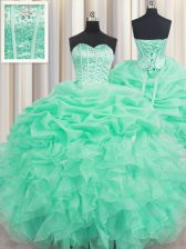 Low Price Apple Green Sleeveless Floor Length Beading and Ruffles and Pick Ups Lace Up 15 Quinceanera Dress