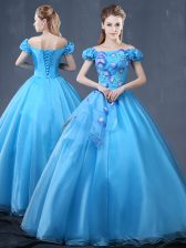  Off the Shoulder Appliques Quinceanera Gowns Baby Blue Lace Up Short Sleeves Floor Length