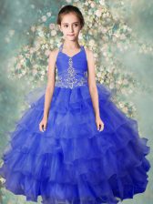 Perfect Baby Blue Little Girls Pageant Dress Wholesale Party and Wedding Party with Beading and Ruffled Layers Halter Top Sleeveless Zipper
