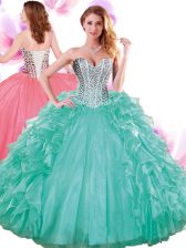 Trendy Sleeveless Organza Floor Length Lace Up Quince Ball Gowns in Turquoise with Beading and Ruffles
