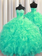 Trendy Turquoise Sleeveless Beading and Ruffles Lace Up Quince Ball Gowns