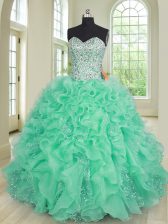  Sweetheart Sleeveless Lace Up Quince Ball Gowns Turquoise Organza and Sequined