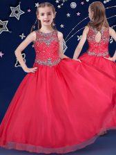 Custom Designed Scoop Sleeveless Floor Length Beading Zipper Little Girl Pageant Gowns with Red
