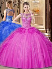  Scoop Hot Pink Sleeveless Beading and Ruffles Floor Length Ball Gown Prom Dress