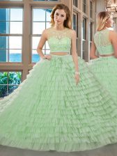 Popular Scoop Apple Green Two Pieces Beading and Ruffled Layers Sweet 16 Dress Zipper Tulle Sleeveless Floor Length