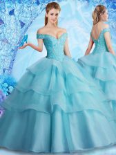  Off the Shoulder Organza Sleeveless With Train Quinceanera Dress Brush Train and Beading and Ruffled Layers