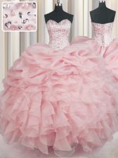  Baby Pink Ball Gowns Sweetheart Sleeveless Organza Floor Length Lace Up Beading and Ruffles Ball Gown Prom Dress