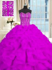 Low Price Beading and Ruffles 15th Birthday Dress Purple Lace Up Sleeveless With Brush Train
