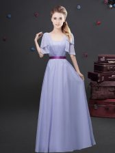 High Quality Square Short Sleeves Floor Length Zipper Quinceanera Court of Honor Dress Lavender for Prom and Party and Wedding Party with Ruching and Belt