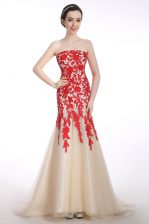  Mermaid Red and Champagne Tulle Lace Up Strapless Sleeveless Prom Party Dress Brush Train Appliques