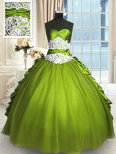  Sleeveless Floor Length Beading and Lace and Appliques and Ruching Lace Up 15 Quinceanera Dress with Olive Green