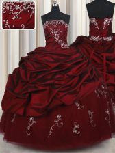 Elegant Pick Ups Wine Red Sleeveless Taffeta and Tulle Lace Up 15th Birthday Dress for Military Ball and Sweet 16 and Quinceanera