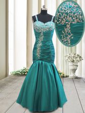  Mermaid Straps Sleeveless Beading and Ruching Lace Up Prom Evening Gown