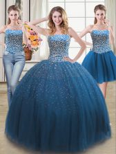  Three Piece Beading 15 Quinceanera Dress Teal Lace Up Sleeveless