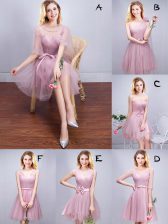  Scoop Pink A-line Ruffles and Ruching and Bowknot and Hand Made Flower Damas Dress Lace Up Tulle Sleeveless Mini Length