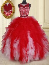 Two Pieces See Through White and Red Scoop Neckline Beading and Ruffles Quinceanera Dresses Sleeveless Zipper