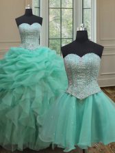 Gorgeous Three Piece Turquoise Ball Gowns Sweetheart Sleeveless Organza Floor Length Lace Up Beading and Ruffles and Pick Ups Sweet 16 Quinceanera Dress