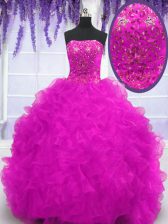  Fuchsia Organza Lace Up Quinceanera Dress Sleeveless With Brush Train Beading and Appliques and Ruffles