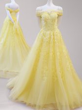 Graceful Yellow A-line Off The Shoulder Cap Sleeves Tulle Lace Up Beading and Appliques Prom Evening Gown