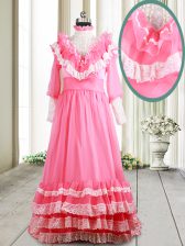 Affordable Ruffled Brush Train Empire Evening Dress Pink V-neck Chiffon Long Sleeves Zipper